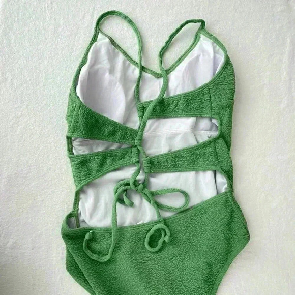 NEW One Piece Swimsuit Size L Green Open Crisscross Back Straps V-Neck Textured - Picture 5 of 7
